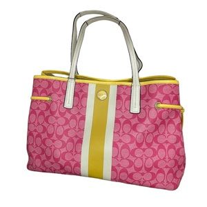 COACH Signature Stripe CarryAll Pink Yellow Large Tote Bag Purse